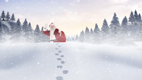 Der-Weihnachtsmann-Wandert-Durch-Die-Schneelandschaft,-Kombiniert-Mit-Fallendem-Schnee