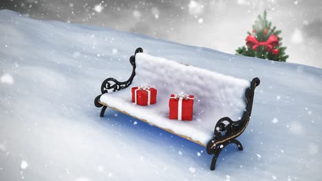 Bench-in-winter-scenery-and-falling-snow