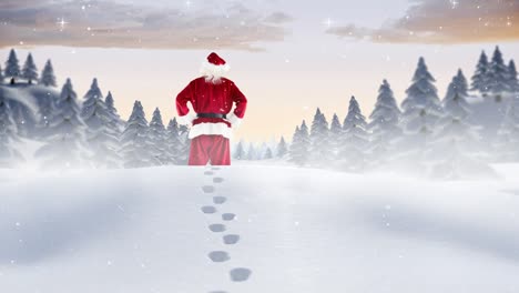 Santa-clause-wandering-through-snowscape-combined-with-falling-snow