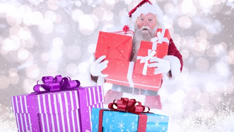 Weihnachtsmann-Mit-Weihnachtsgeschenken-Kombiniert-Mit-Fallendem-Schnee