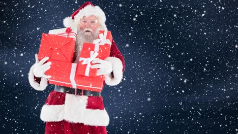 Der-Weihnachtsmann-Hält-Weihnachtsgeschenke-In-Kombination-Mit-Fallendem-Schnee
