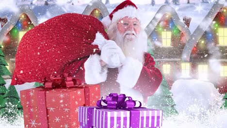 Papá-Noel-Y-Regalos-De-Navidad-Frente-A-Casas-Decoradas-En-Un-Paisaje-Invernal-Combinado-Con-Fal