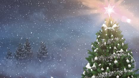 árbol-De-Navidad-En-Paisaje-Invernal-Y-Nieve-Que-Cae