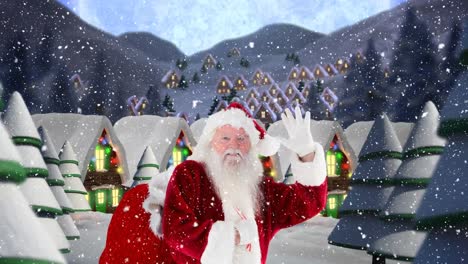 Der-Winkende-Weihnachtsmann-Vor-Geschmückten-Häusern-Kombiniert-Mit-Fallendem-Schnee