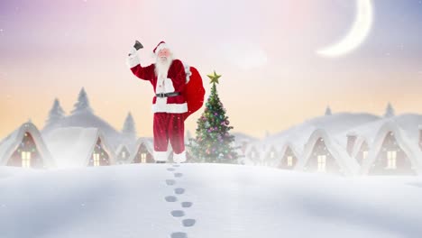 Der-Weihnachtsmann-Läutet-Eine-Glocke-In-Einer-Winterlandschaft,-Kombiniert-Mit-Fallendem-Schnee