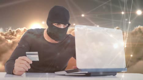Digitale-Animation-Eines-Hackers,-Der-Eine-Karte-Hält,-Während-Er-Den-Laptop-Hackt,-4K
