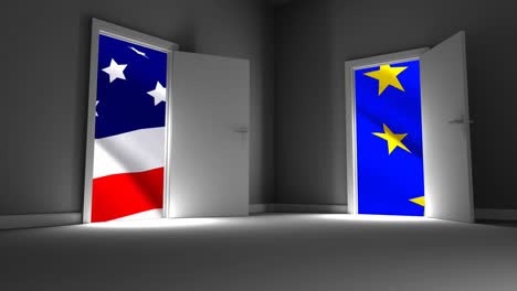 Digitale-Animation,-Die-Die-Amerikanische-Flagge-Und-Die-Europäische-Flagge-Durch-Die-Offenen-Türen-Zeigt,-4K