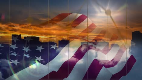 Digital-animation-of-American-flag-swaying-in-the-wind-at-sunset-4K
