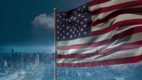 Digitale-Animation-Einer-Amerikanischen-Flagge,-Die-Im-Wind-Vor-Der-Stadt-Weht,-4K