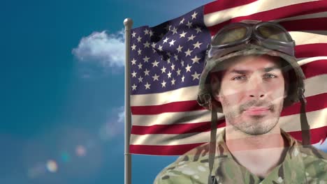 Digitale-Animation-Eines-Amerikanischen-Soldaten,-Der-Gegen-Die-Amerikanische-Flagge-Steht,-4k