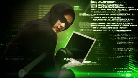 Digitale-Animation-Eines-Vermummten-Hackers,-Der-Den-Laptop-Hackt,-4K
