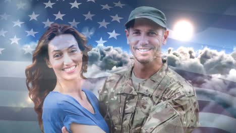Digitale-Animation-Eines-Amerikanischen-Soldaten,-Der-Seine-Frau-Umarmt,-Nachdem-Er-Gegen-Die-Amerikanische-Flagge-Nach-Hause-Zurückgekehrt-Ist