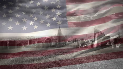 Digitale-Animation-Einer-Amerikanischen-Flagge,-Die-Vor-Dem-Stadtbild-Weht,-4K