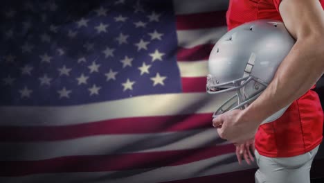 Digitale-Animation-Eines-Rugbyspielers-Mit-Helm,-Der-Gegen-Die-Amerikanische-Flagge-Steht,-4k