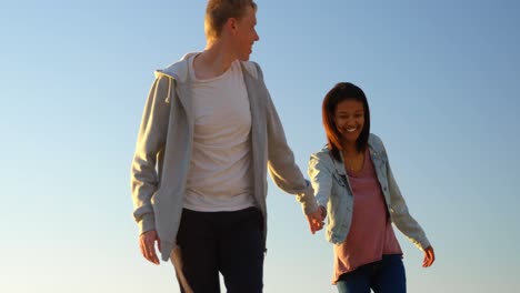 Happy-young-couple-walking-hand-in-hand-on-the-beach-4k