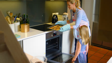Side-view-of-young-Caucasian-mother-and-daughter-baking-cookies-in-kitchen-at-home-4k