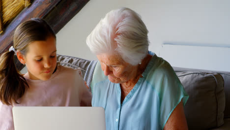 Vorderansicht-Einer-Alten-Kaukasischen-Großmutter-Und-Enkelin-Mit-Laptop-In-Einem-Komfortablen-Zuhause-4K