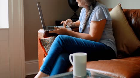 Side-view-of-old-caucasian-senior-woman-using-laptop-in-a-comfortable-home-4k
