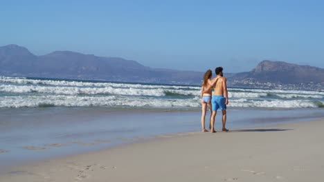 Romantisches-Paar,-Das-Gemeinsam-Am-Strand-Spaziert,-4k
