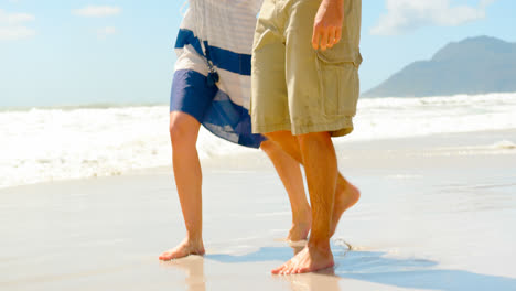 Side-view-of-happy-young-caucasian-couple-walking-at-beach-4k