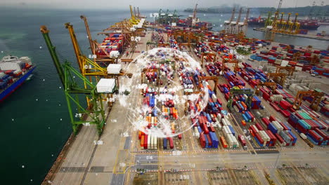 Aerial-view-of-shipping-dock-with-rotating-globe
