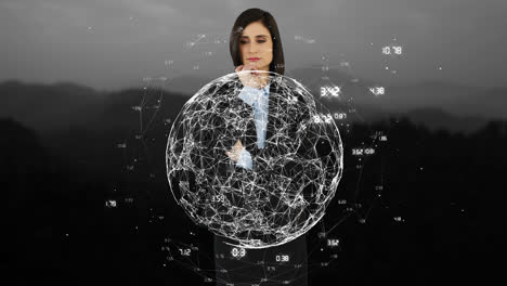 Businesswoman-touching-screen-with-globe
