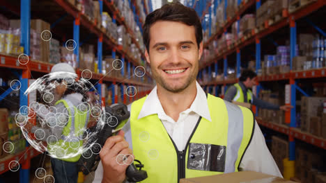 Workers-working-in-a-warehouse-with-animated-globe