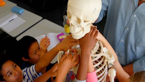 Multiethnische-Schulkinder-Reparieren-Skelettmodell-Im-Klassenzimmer-Der-Schule-4k