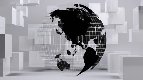 Globe-turning-around-itself-with-with-cube-on-background-4k