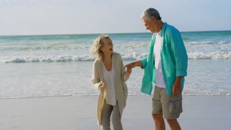 Front-view-of-active-senior-Caucasian-couple-holding-a-seashell-on-the-beach-4k