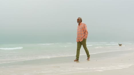 Seitenansicht-Eines-Aktiven-älteren-Afroamerikanischen-Mannes-Mit-Der-Hand-In-Der-Tasche,-Der-Am-Strand-Spaziert-4k