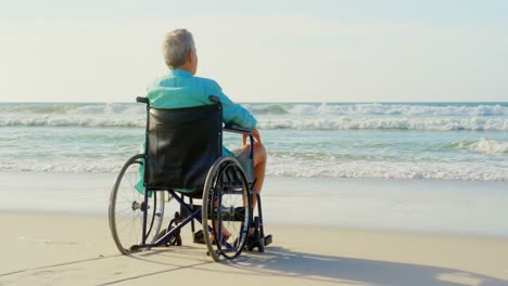 Vista-Trasera-De-Un-Anciano-Discapacitado-Mirando-La-Vista-En-La-Playa-4k