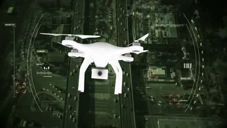 Animation-of-a-drone-flying-against-a-cityscape-background-with-target-screen