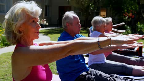 Seitenansicht-Aktiver-Senioren-Gemischter-Abstammung,-Die-Im-Garten-Des-Pflegeheims-Yoga-Praktizieren,-4k