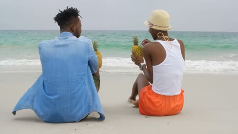 Rückansicht-Eines-Afroamerikanischen-Paares,-Das-Ananassäfte-Am-Strand-4k-Trinkt