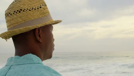 Vista-Lateral-Del-Hombre-Afroamericano-Con-Sombrero-Parado-En-La-Playa-4k