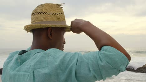 Rückansicht-Eines-Afroamerikanischen-Mannes-Mit-Hut,-Der-Am-Strand-Steht-4k