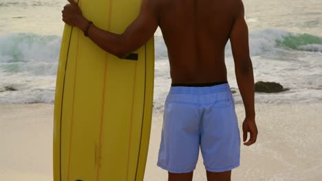 Rückansicht-Eines-Afroamerikanischen-Männlichen-Surfers,-Der-Mit-Surfbrett-Am-Strand-Steht-4k