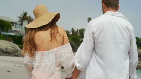 Rear-view-of-Caucasian-couple-walking-hand-in-hand-on-the-beach-4k