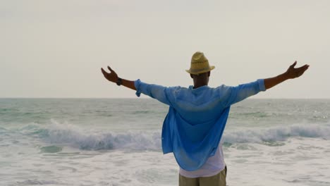 Rear-view-of-African-american-man-standing-with-arms-outstretched-on-the-beach-4k-