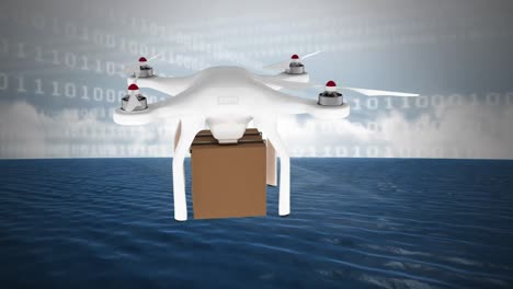 Delivery-drone-and-binary-codes-against-cloudy-sky-and-ocean