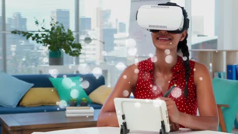 Frau-Mit-Virtual-Reality-Headset,-Umgeben-Von-Weißen-Blasen