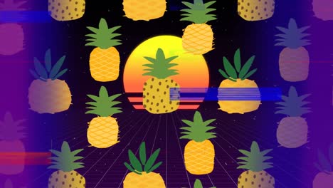 Ananas-Mit-Beatch-Sonnenuntergang-In-Der-Mitte-Des-Videos-Mit-Brutzelstreifen-Im-Vordergrund