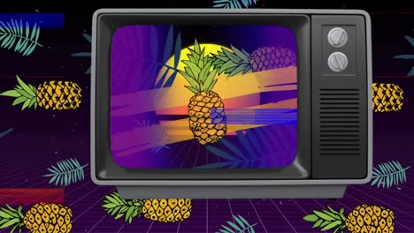 Vorderansicht-Eines-Alten-Fernsehers-Mit-Knisterndem-Bildschirm,-Wenn-Der-Fernseher-Eingeschaltet-Wird,-Dann-Ananas