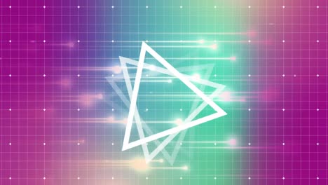 Drei-Dreiecke,-Die-Sich-Um-Sich-Selbst-Drehen,-Mit-Violettem-Und-Rosa-Retro-Gitterhintergrund