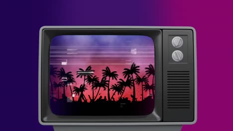 Alter-Fernseher-Mit-Palmen-Bei-Sonnenuntergang-Auf-Dem-Bildschirm-Vor-Farbigem-Hintergrund