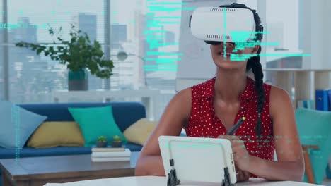 Woman-wearing-virtual-goggles-in-the-living-room