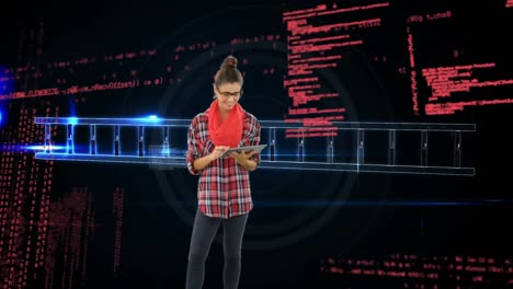 Woman-using-a-digital-tablet-and-DNA-double-helix