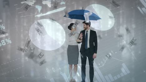 Business-couple-holding-up-an-umbrella-while-it-rains-money
