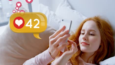 Woman-lying-in-bed-while-browsing-on-her-phone-4k